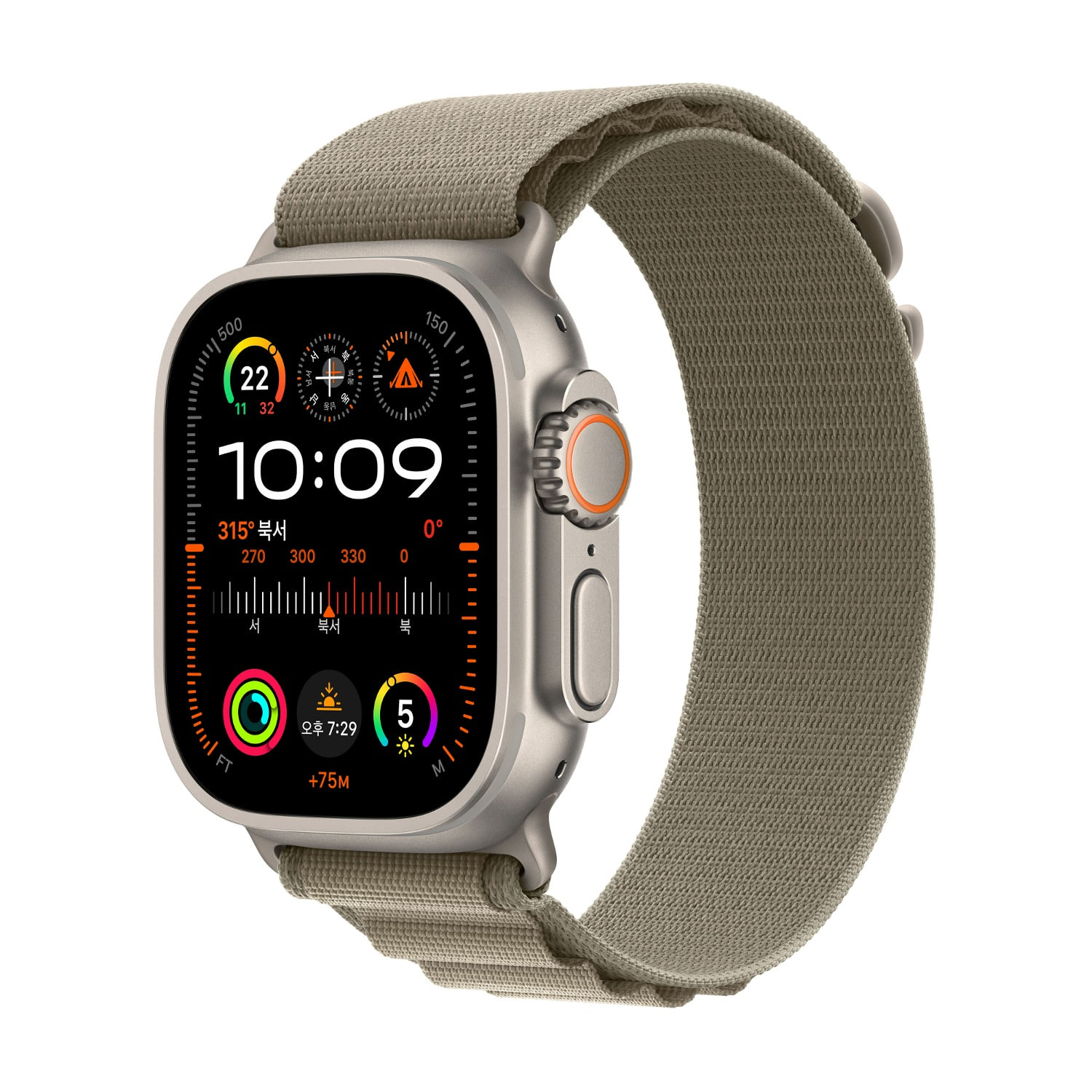Apple Watch Ultra 2 GPS + Cellular 49mm 티타늄 케이스, 올리브 알파인 루프 - S * MREX3KH/A
